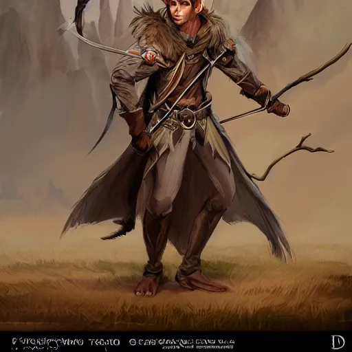Image similar to D&D character concept art of a wood elf, sly archer, brown skin color with short three banches and a fluffy coat, fighting pose of a archer shooting, natural clothes blending in, full body pose, soft colors, fantasy, intricate, elegant, highly detailed, digital painting, artstation, concept art, smooth, sharp focus, illustration, wide angle shot, full body visible, art by artgerm and H R Giger and alphonse mucha