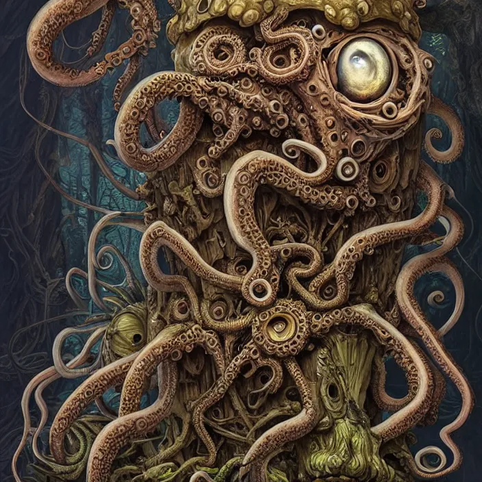 Prompt: biomechanical creature with big octopus head and ( glowing ) eyes guarding an ancient chest in a mystic swamp, gothic and baroque, brutalist architecture, ultradetailed, intricate by ellen jewett and josan gonzalez and giuseppe arcimboldo