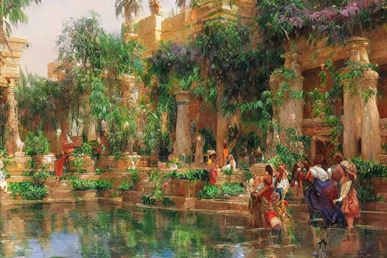 Image similar to ancient city of Babylon, hanging gardens of babylon. By Konstantin Razumov, highly detailed