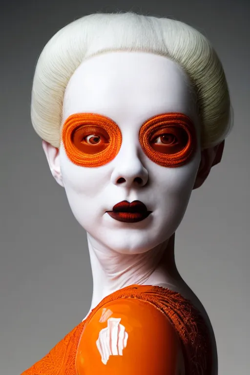 Image similar to symmetrical portrait of a woman wearing an orange embroidered translucent silicone mask and white hair buns, wearing a black bodysuit by alexander mcqueen, white background, soft diffused light, biotechnology, humanoide robot, futuristic aesthetic, translucent, ethereal, intricate details, highly detailed, masterpiece,