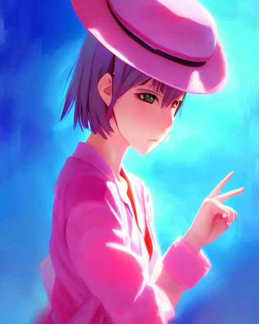 Image similar to anime style, vivid, expressive, full body, 4 k, painting, a cute magical girl with a short pink hair, pink fedora hat and pink jacket, stunning, realistic light and shadow effects, centered, simple background, studio ghibly makoto shinkai yuji yamaguchi