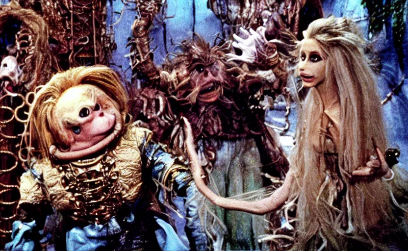 Prompt: movie still from the 1 9 8 8 sequel to labyrinth by jim henson's creature shop starring realistic practical - effects wondrous creatures and humanoid aliens in a maze - like steampunk fortress on the moon. fantasy adventure.