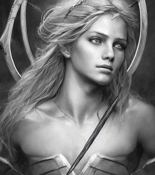 Image similar to portrait of very beautiful aphrodite goddess as an archer, arrow, beautiful piercing eyes, flowing blonde hair, realistic face, black and white drawing, in the style of greg rutkowski, fantasy, amazing detail, epic, intricate, elegant, smooth, sharp focus