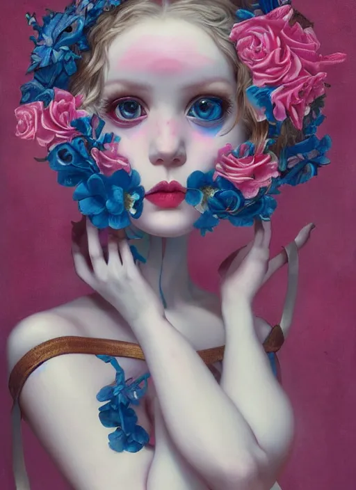 Image similar to pop surrealism, lowbrow art, realistic seductive cute woman looking painting, pink body harness, japanese shibari with blue flowers, hyper realism, muted colours, rococo, natalie shau, loreta lux, tom bagshaw, mark ryden, trevor brown style,