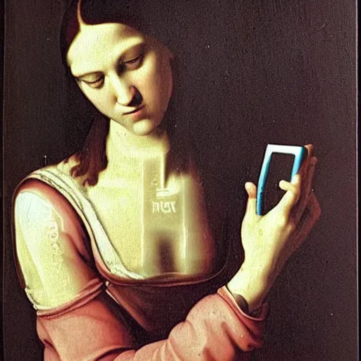 Prompt: Renaissance painting of a grumpy teenager using her Nokia 3310 in the year 2001