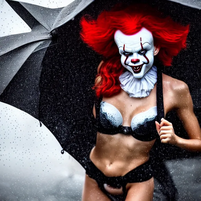 Image similar to fully body pose, photo of a very beautiful!! victoria secret model, pennywise, wet hair, raining, 8 k, hdr, smooth, sharp focus, high resolution, award - winning photo, trending on artstation, dslr, 5 0 mm