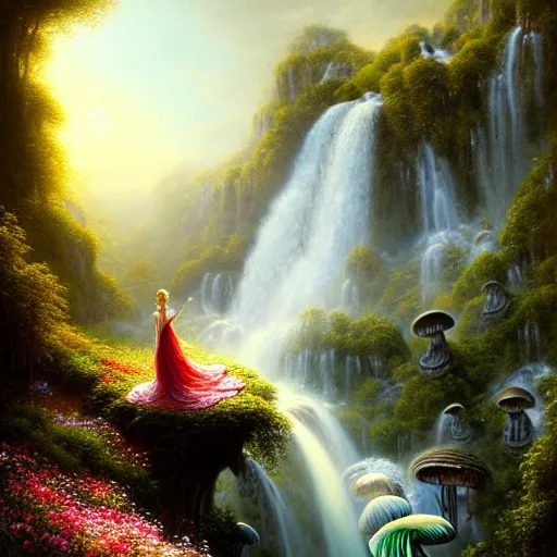 Prompt: highly detailed, elegant elf clothed in a white lace dress and flowers sitting in a enchanted scenery landscape, vast lush valley flowers and mushroom, waterfall, stream, sunrise, vivid color, soft clouds, cinematic lighting, perfect composition, 8 k, gustave dore, derek zabrocki, greg rutkowski, belsinski,