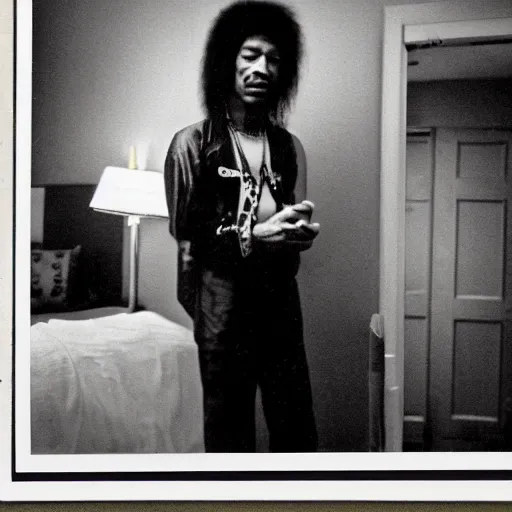 Prompt: film photo of jimmy hendrix taking a self portrait in a hotel room mirror, old photo, disposable camera