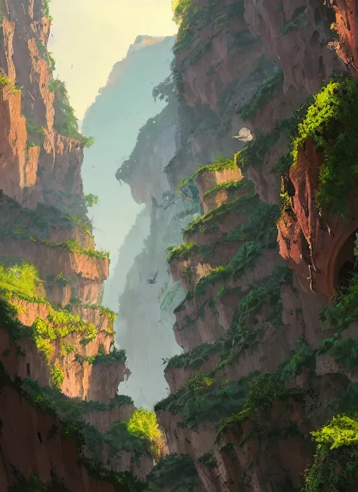 Image similar to medieval city built on terraces in a gigantic canyon, lots of buildings connected by hanging bridges, waterfalls, glow coming from amber veins in the ground, lush vegetation, pitchblack sky, extremly detailed digital painting, in the style atey ghailan and greg rutkowski, rim light, beautiful lighting, 8 k, stunning scene, raytracing, octane, trending on artstation