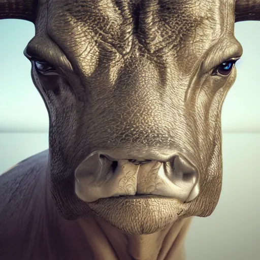 Image similar to an android ( bull ) modeled after a bull looking into the camera, android, cyborg, half body, intricate, 3 d, hyper realism, fantasy, depth of field, octane render, symmetrical, highly detailed, digital art, artstation, concept art, cinematic lighting, trending