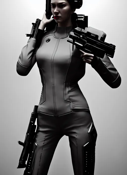 Image similar to portrait of a woman in a futuristic suit holding a gun, cyberpunk art by yuan jiang, featured on artstation, fantasy art, artstation hd, artstation hq, zbrush