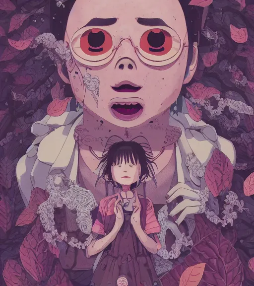 Image similar to portrait, nightmare anomalies, leaves with spirited away by miyazaki, violet and pink and white palette, illustration, kenneth blom, mental alchemy, james jean, pablo amaringo, naudline pierre, contemporary art, hyper detailed