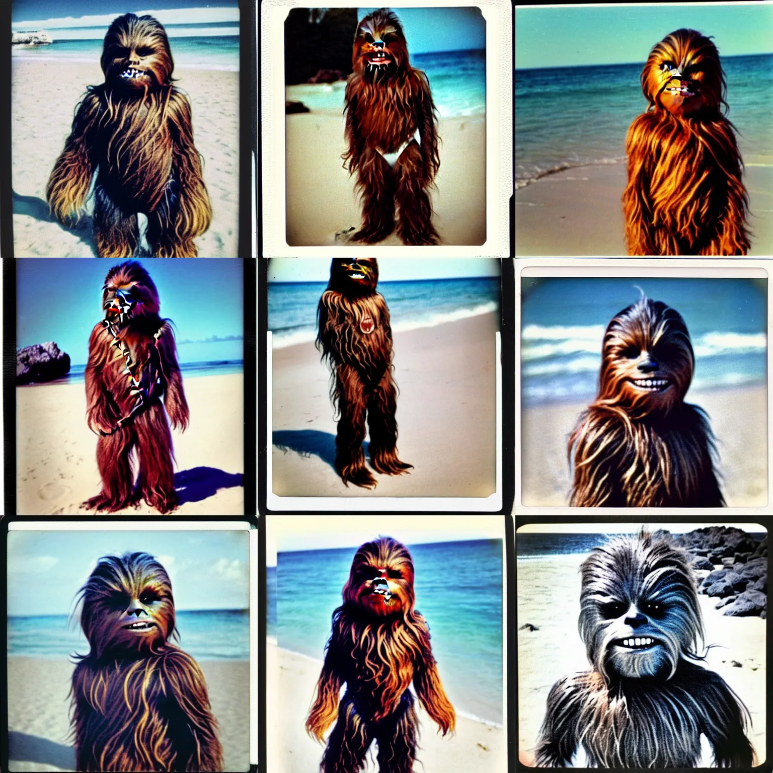 Prompt: polaroid of chewbacca as a kid at the beach, smiling candid photo