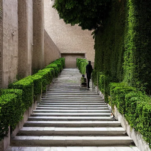 Prompt: courtyard complex of a labyrinthine monastary made of iteratively stacked stones, fusion of carlo scarpa and louis kahn, ivy growing on the bricks, people walking around and sitting on steps, architectural photography