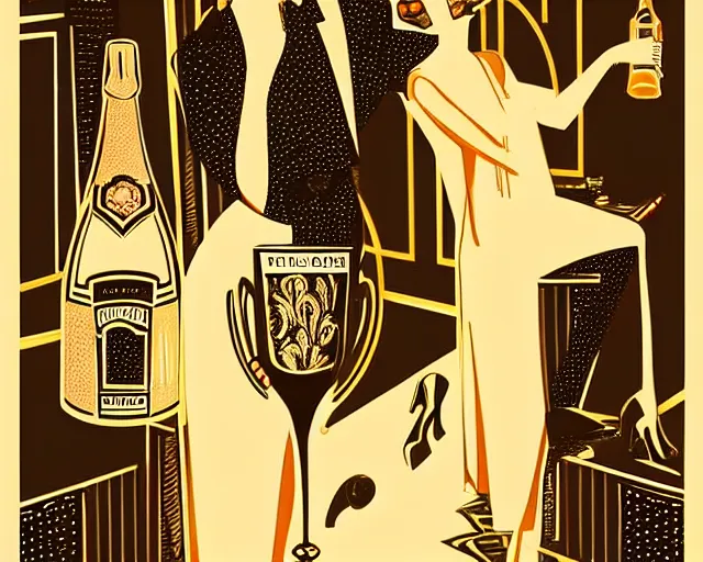 Image similar to 1 9 2 0 s teenager in art deco style, champagne commercial, artstation, illustration, bright, cheerful, detailed and intricate environment