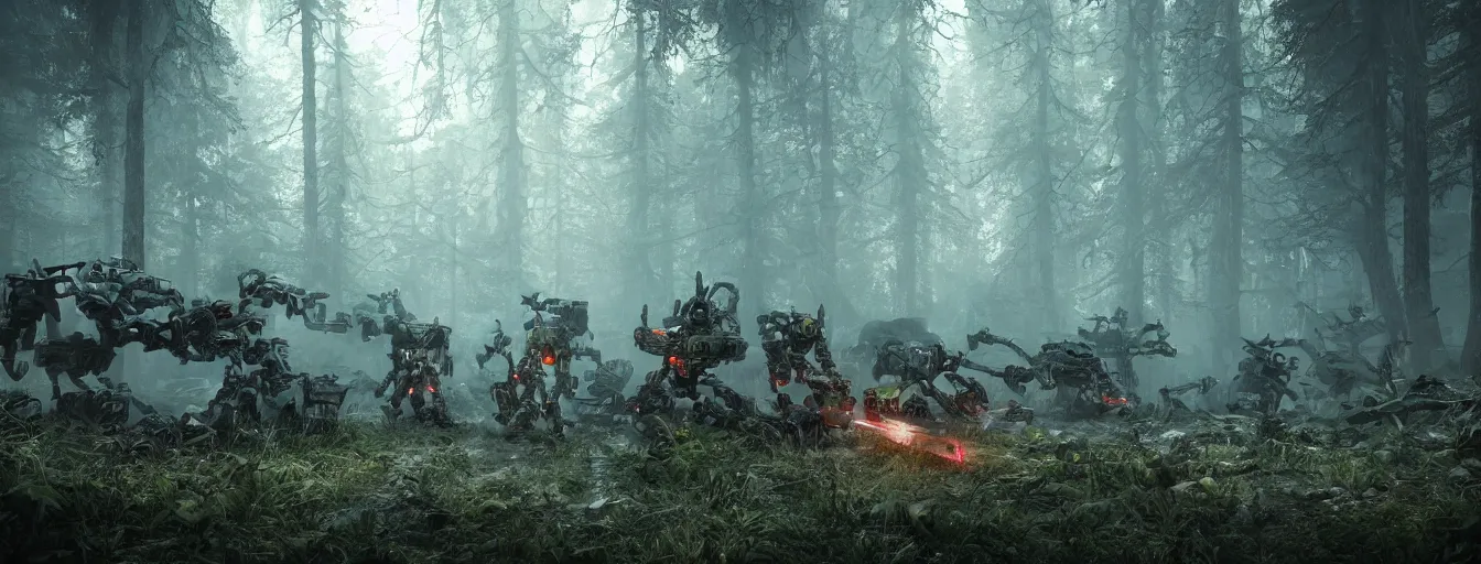 Image similar to image of deep forest with terrific and creepy mechwarriors with volumetric lights, running and hunting people, post - apocalyptic style, high detail, dramatic moment, motion blur, ground fog, dark atmosphere, saturated colors, by darek zabrocki, render in unreal engine - h 7 0 4