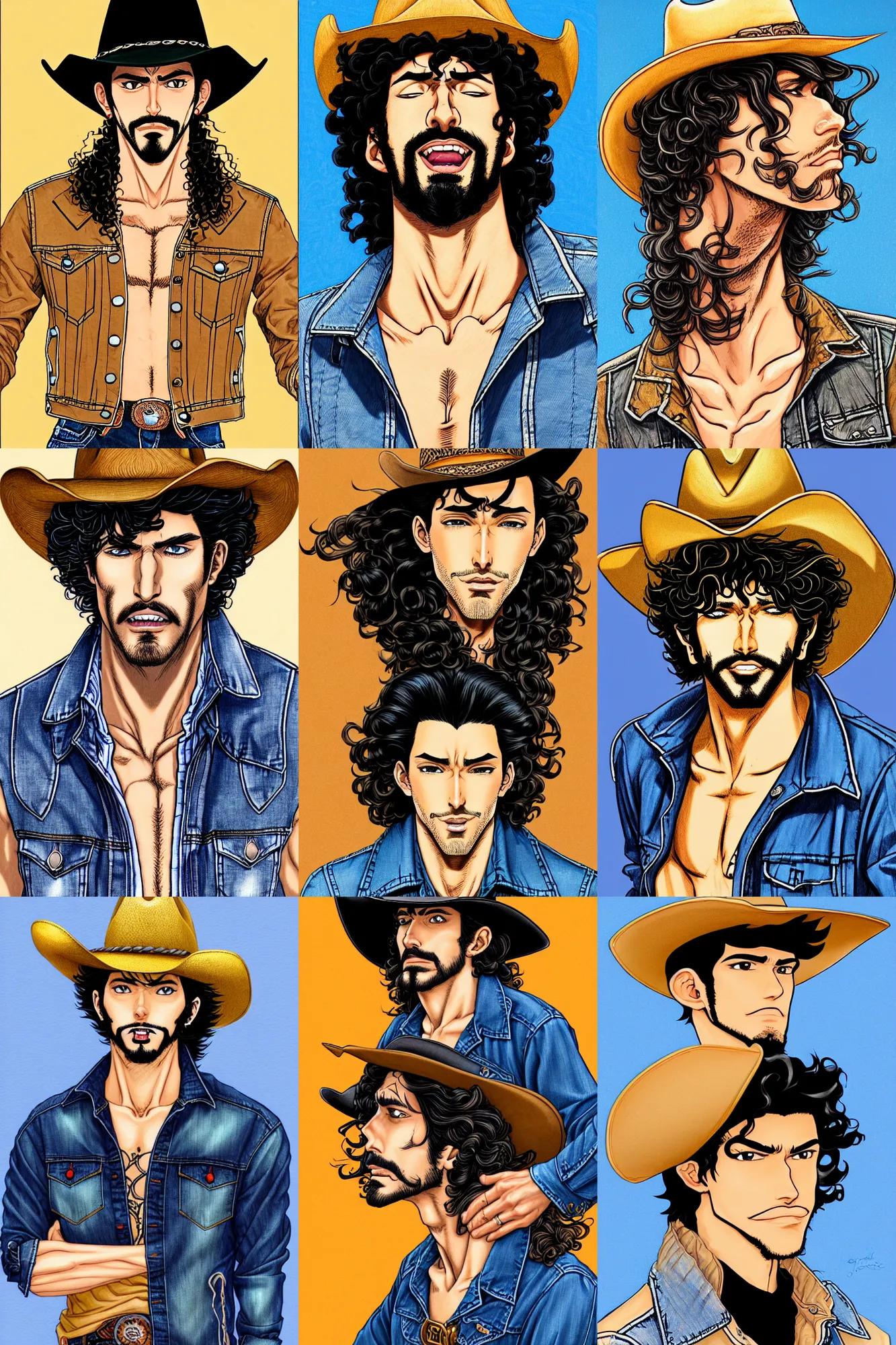 Prompt: illustration of a handsome!! man with long black curly hair + tan skin + anchor goatee | wearing a cowboy hat + open denim jacket | art by hirohiko araki & jean giraud & artgerm & jack kirby | artstation, character design, concept art, full body, digital painting | intricate, high detail, smooth, sharp focus
