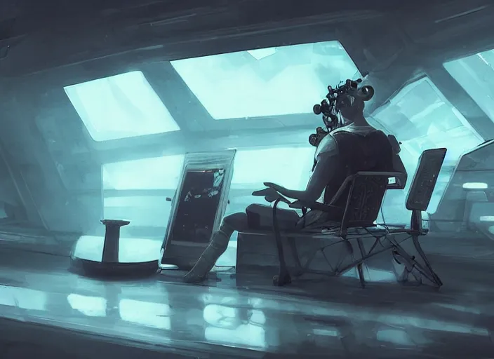 Image similar to a man sitting on a chair with things attached to his head, screens in front of him playing videos, ship interior, futuristic, scifi, concept art, surreal