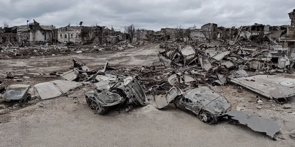 Prompt: A wide angle photo of destroyed town with tank's wreckles