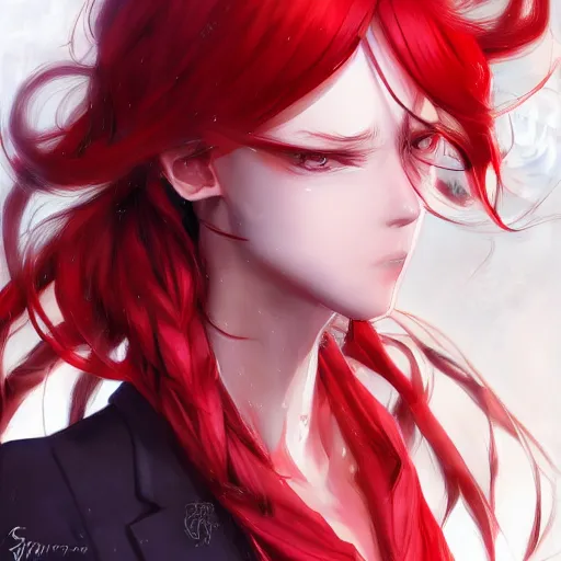 Prompt: semi realistic anime illustration of top hat wearing red haired man, with beautiful hyperdetailed eyes, facing camera directly, full face portrait made by Stanley Artgerm, WLOP, Rossdraws, James Jean Andrei Riabovitchev, Marc Simonetti, Yoshitaka Amano, Artstation