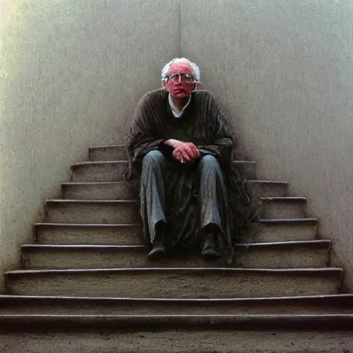 Prompt: a coherent award - winning beautiful!!! portrait of a calm bernie sanders!, sitting on curious temple stairs, painted by zdzislaw beksinski