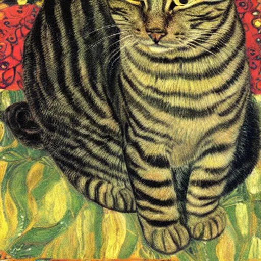 Image similar to portrait of a dark tabby cat with green eyes, intricate, elegant, highly detailed, smooth, sharp focus, illustration, art by gustav klimt