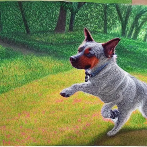 Prompt: Colored pencil art on paper, Dog playing in park, highly detailed, artstation, MasterPiece, Award-Winning, Caran d'Ache Luminance