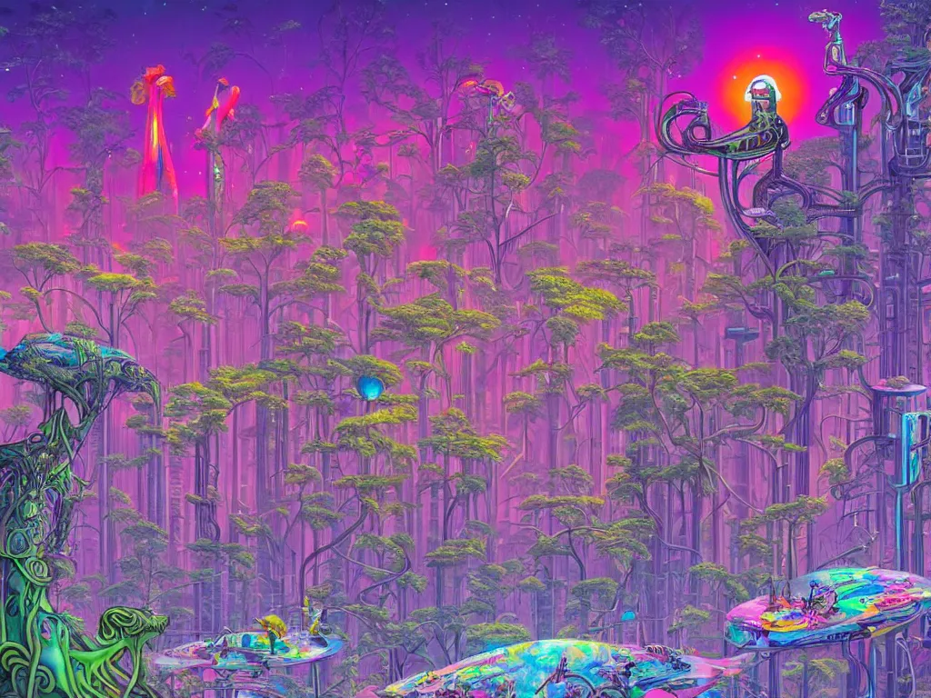 Prompt: forests,glades made of industrial raves, buildings and devices on mice on ice in the style of lisa frank and moebius, giger, ornate, beautiful, award-winning art, artstation