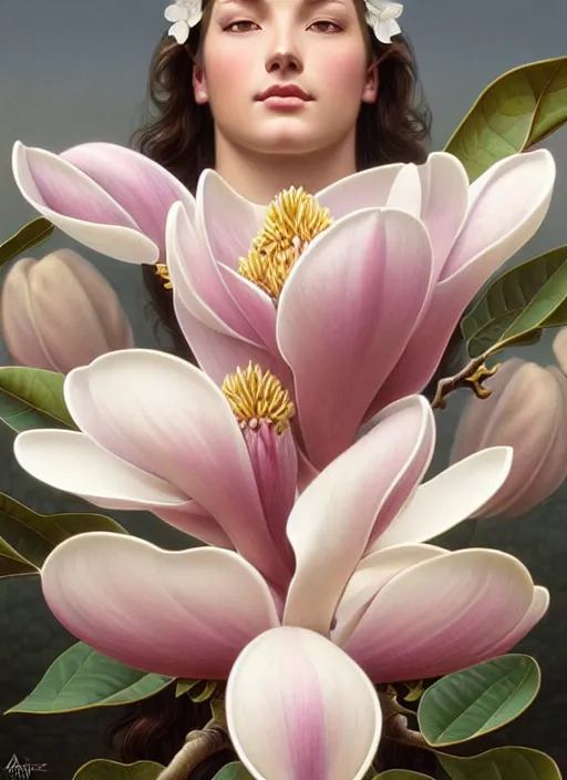 Image similar to perfectly detailed magnolia flowers!! blessed by nature with ever - increasing physical mental perfection, symmetrical! intricate, sensual features, highly detailed, biblical divine holy perfection!! digital painting, artstation, concept art, smooth, sharp focus, illustration, art by artgerm and greg rutkowski and alphonse mucha