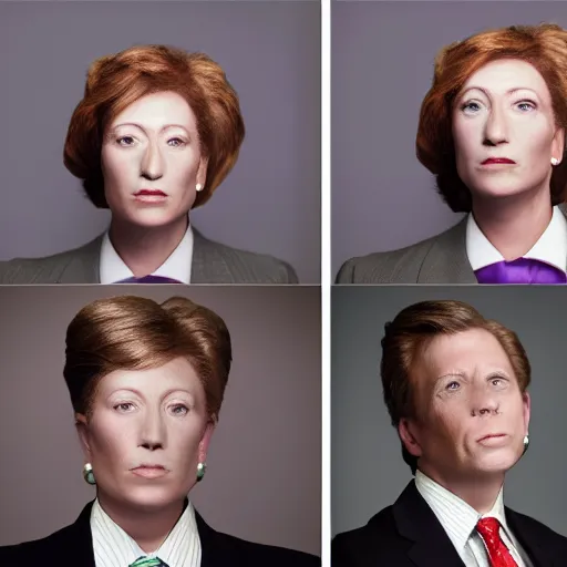 Prompt: corporate portrait, senior sales ceo executive vp, purple green color scheme, professional studio lighting, hyperreal detailed lifelike facial features, corporate portraiture shot by cindy sherman and david lynch
