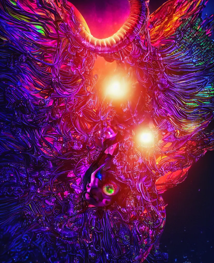 Prompt: close-up macro portrait of the dark queen, epic angle, epic pose, symmetrical artwork, photorealistic, colorful, dichroic, iridescent, 3d with depth of field, blurred background. cybernetic jellyfish butterfly phoenix head. energy flows of water and fire, by Tooth Wu and wlop and beeple. a highly detailed epic cinematic concept art CG render digital painting artwork scene. By Greg Rutkowski, Ilya Kuvshinov, WLOP, Stanley Artgerm Lau, Ruan Jia and Fenghua Zhong, trending on ArtStation, made in Maya, Blender and Photoshop, octane render, excellent composition, cinematic dystopian brutalist atmosphere, dynamic dramatic cinematic lighting, aesthetic, very inspirational, arthouse