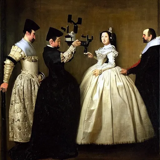 Image similar to velazquez painting the spanish royal family and their robotic maid, baroque style.