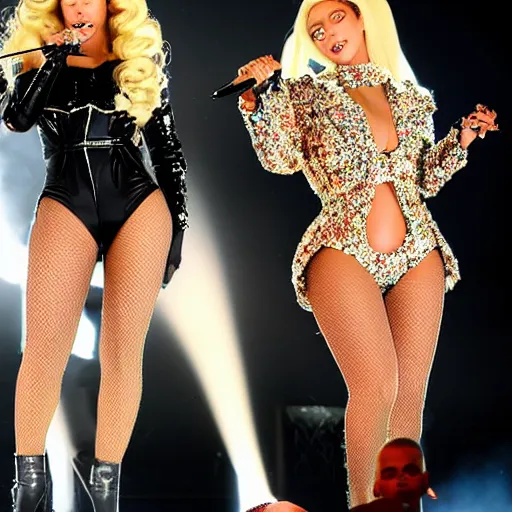 Image similar to Beyonce and Lady gaga giving a concert, EOS 5D, ISO100, f/8, 1/125, 84mm, RAW Dual Pixel, Dolby Vision, HDR, AP, Featured