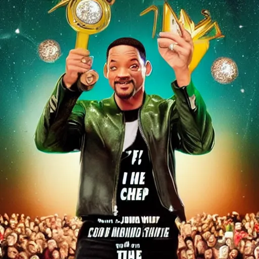 Image similar to movie poster cover of Will Smith, wearing a sparkly green dress, comedy movie cover