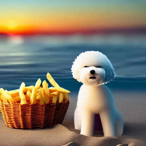 Prompt: a photorealistic photograph of a smiling white Bichon Frisé puppy eating basket of french fries during sunset at the beach Trending on Artstation, featured on Behance, well-rendered, Unreal Engine, 4K HD