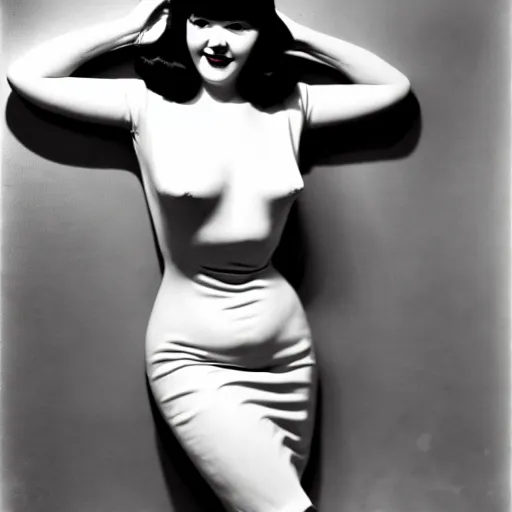 Prompt: old monochrom beautiful photography of betty page wearing a latex dress by man ray, alfred ghisoland, george edward hurrell, 4 k,