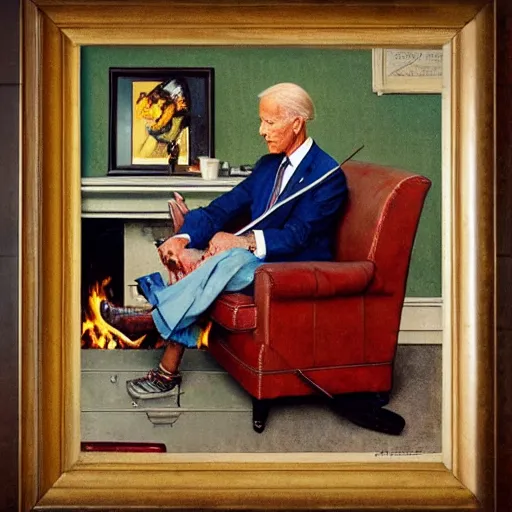 Image similar to eye level portrait painting by Norman Rockwell of Joe Biden sitting in a chair. Cozy fire. Legs apart