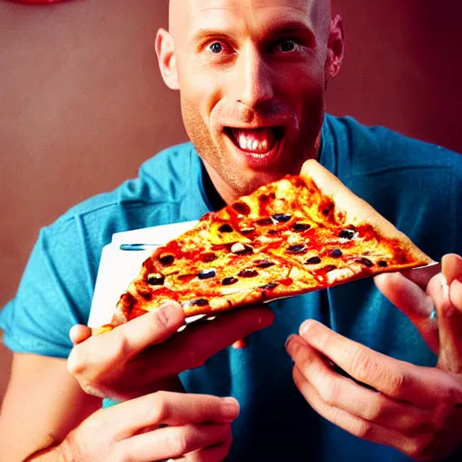 Image similar to johnny sins eating pizza, realistic photo, detailed face, cinestill