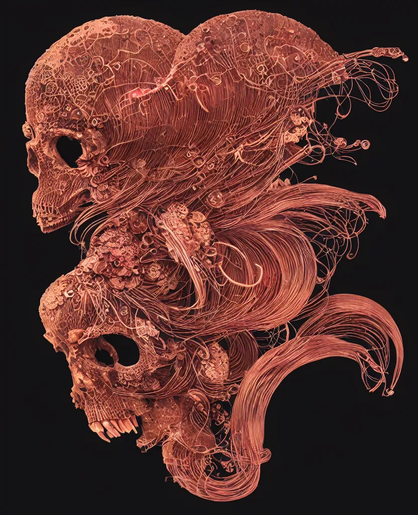 Image similar to fully black background. background hex 000000. goddess princess face close-up portrait ram skull. japanese coloured paper bas relief paper sculpture. jellyfish phoenix head, nautilus, orchid, skull, betta fish, bioluminiscent creatures, intricate artwork by Tooth Wu and wlop and beeple. octane render, trending on artstation, greg rutkowski very coherent symmetrical artwork. cinematic, hyper realism, high detail, octane render, 8k