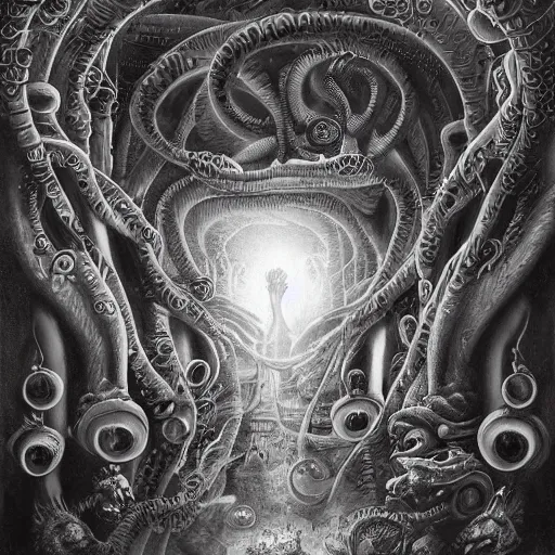 Prompt: ultra realist soft painting of a curiosities carnival by night in loveraftian universe, horror, omnious sky, deep fog, lurking tentacle, symmetry accurate features, very intricate details, black and white, volumetric light clouds