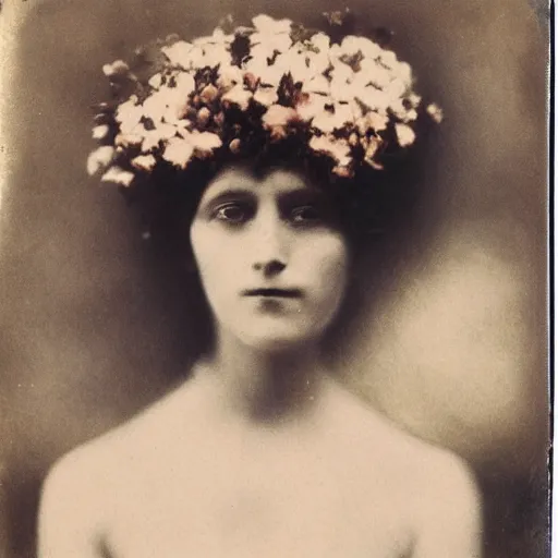 Image similar to portrait of a beautiful woman corpse covered in flowers, 1910 polaroid photography,