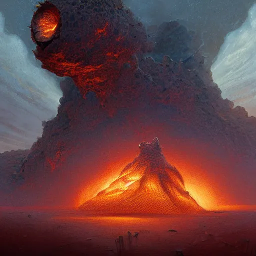 Image similar to A digital painting of a meteorite made of an insect hive burning up in the atmosphere, Wayne Barlowe Greg Rutkowski Jessica Rossier