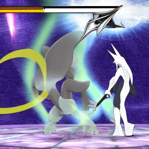 Prompt: Mewtwo vs Sephiroth, smash screenshot