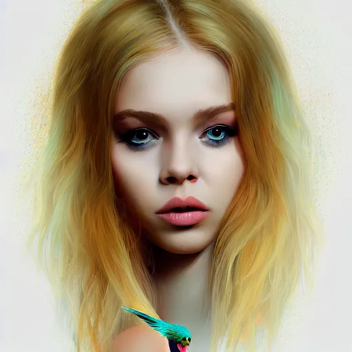 Image similar to portrait of a young blonde alternative instagram girl with a parrot, upper body, long hair, intricate, highly detailed, digital painting, artstation, concept art, matte, sharp focus, illustration