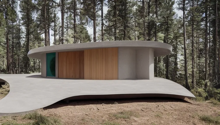 Image similar to A wide image of a full innovative contemporary prefab cabin with rounded corners, beveled edges, 3D printed line texture, made of cement, organic architecture, Designed by Gucci, Balenciaga, and Wes Anderson