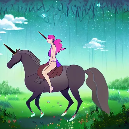 Prompt: a bautiful girl riding a unicorn in the forest. Digital art in the style of studio ghibli