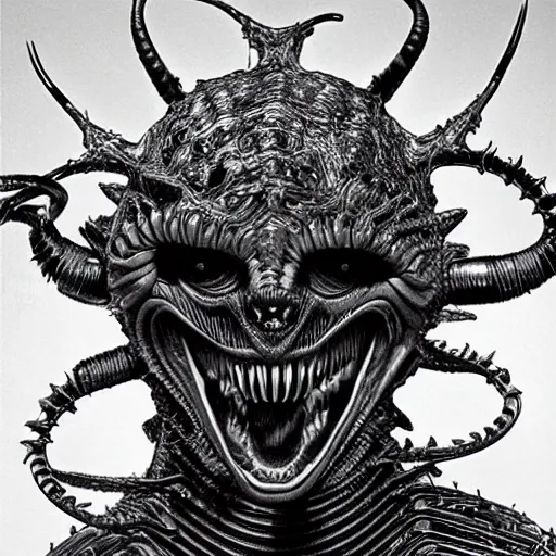 Prompt: space alien, slimy, glossy, sharp teeth, by h. r. giger, nightmare fuel, nightmarish, intricate, highly detailed, optical illusion, stranger things demogorgon