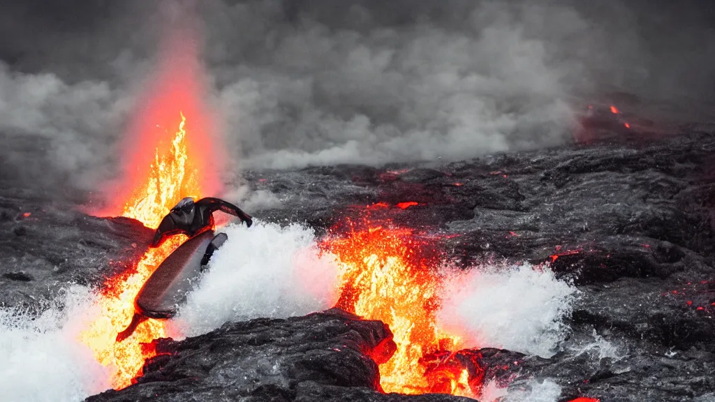 Image similar to person in armor surfing down a river of lava on the side of a volcano on surfboard, action shot, dystopian, thick black smoke and fire, motion blur, sharp focus, cinematic, tilt shift lens