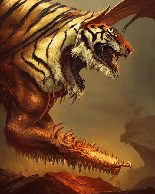 Image similar to A tiger as a dragon, scare, highly detailed face, full body, fantasy art, monster art, in the style of greg rutkowski, illustration, epic, fantasy, intricate, hyper detailed, artstation, concept art, smooth, sharp focus, ray tracing