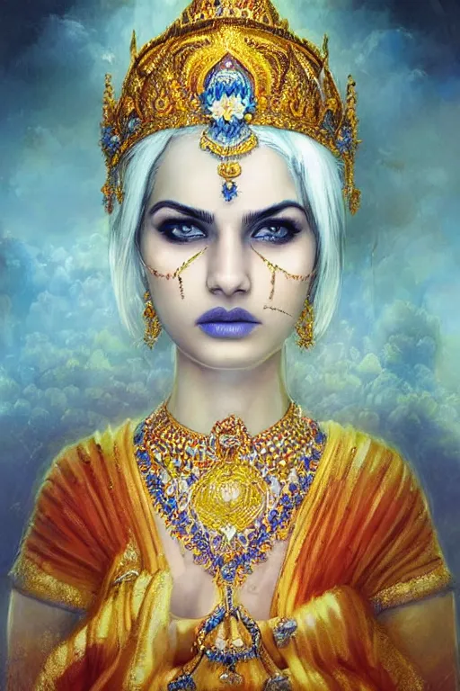 Prompt: a pale Indian girl with white hair, floral crown, sad blue eyes, cinematic lighting, ultra detailed, highly detailed, sharp focus, golden background with flowers, golden jewellery with blue sapphires, photographic, art by artgerm and greg rutkowski and zdislav beksinski